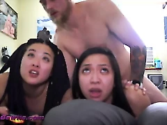 A steamy threesome unfolds as two Asian beauties engage in a passionate fight-to-the-finish, joined by a lucky stud.